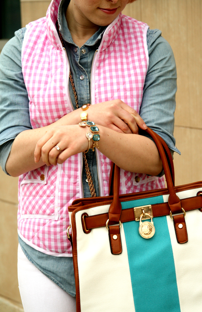 White Denim w/ Pink Gingham Vest & Turquoise Handbag - CLASSY SASSY