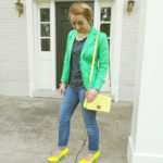 Casual Friday:  Green Blazer, Navy Stripes and Neon Yellow!!