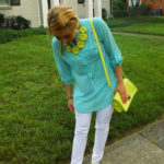Turquoise Tunic, White Skinny Jeans, and Neon