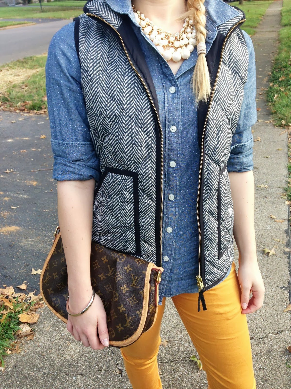 mustard skinny jeans denim chambray herringbone vest preppy fall