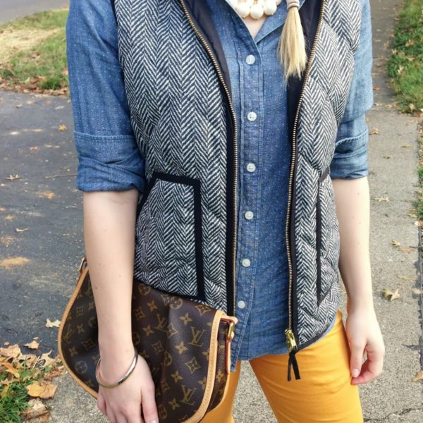 mustard skinny jeans denim chambray herringbone vest preppy fall