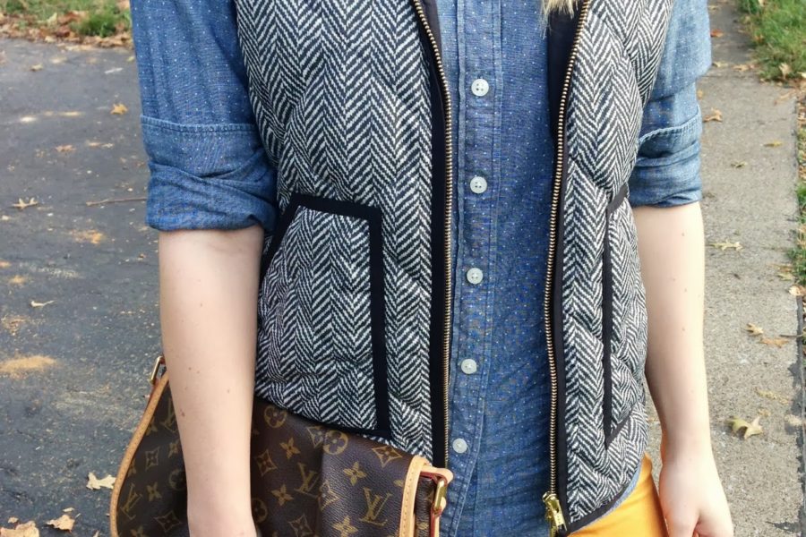 mustard skinny jeans denim chambray herringbone vest preppy fall