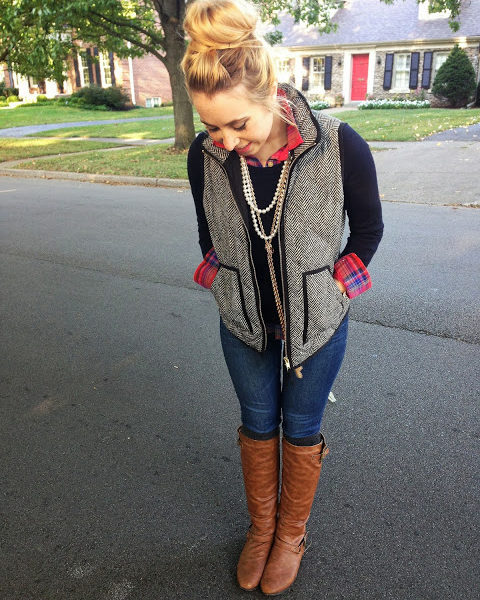 plaid shirt herringbone vest boots