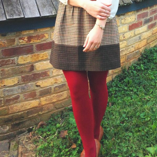 tweed skirt colored tights