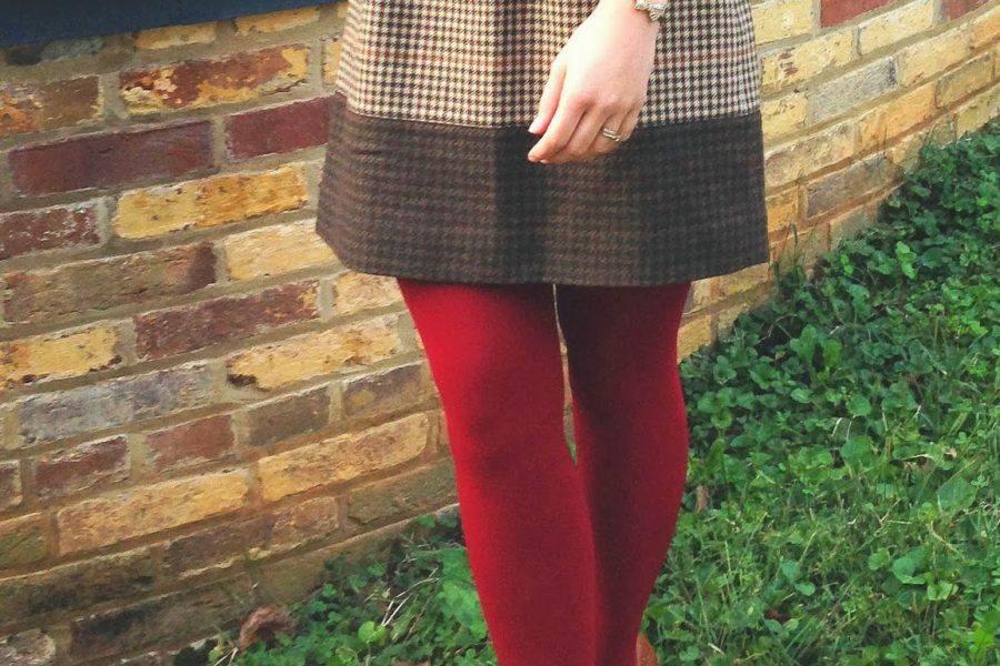 tweed skirt colored tights
