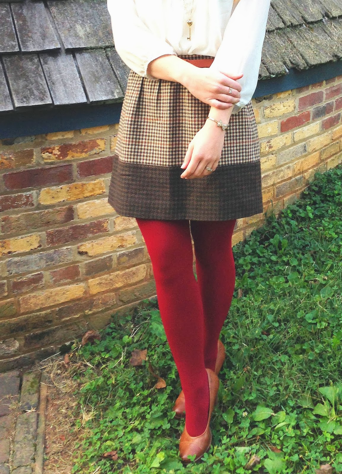 tweed skirt colored tights