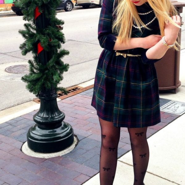 plaid dress bow tights christmas holiday preppy