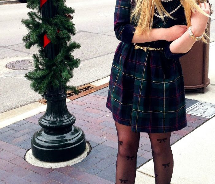 plaid dress bow tights christmas holiday preppy
