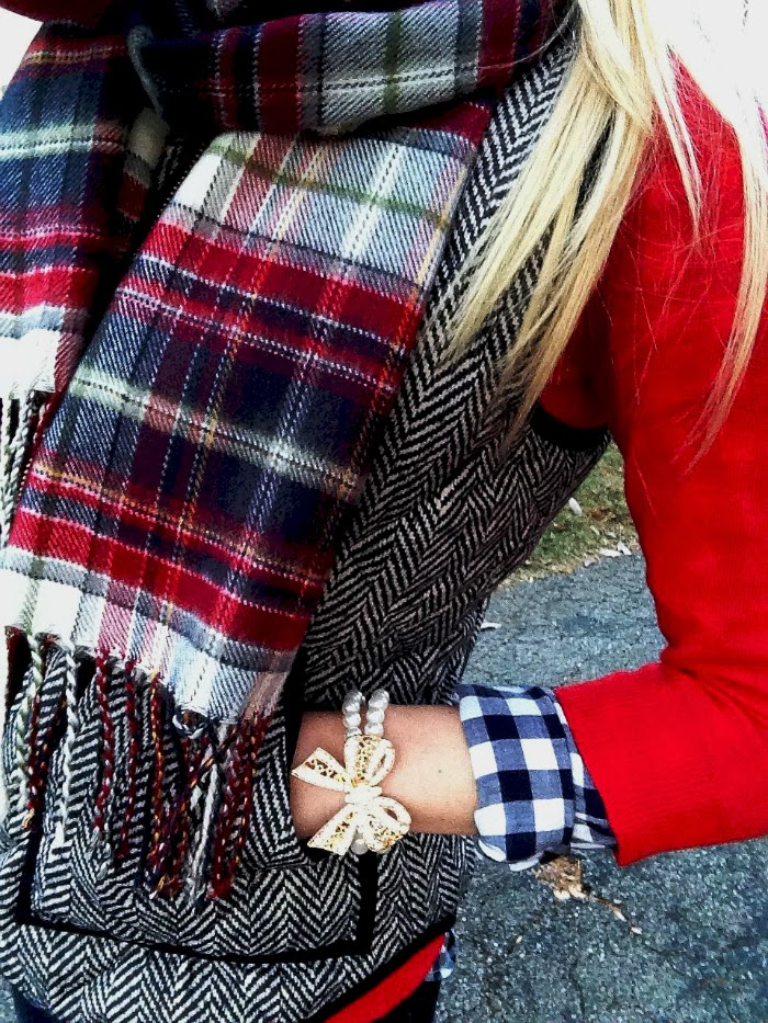 plaid scarf herringbone vest