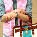 White Denim w/ Pink Gingham Vest & Turquoise Handbag