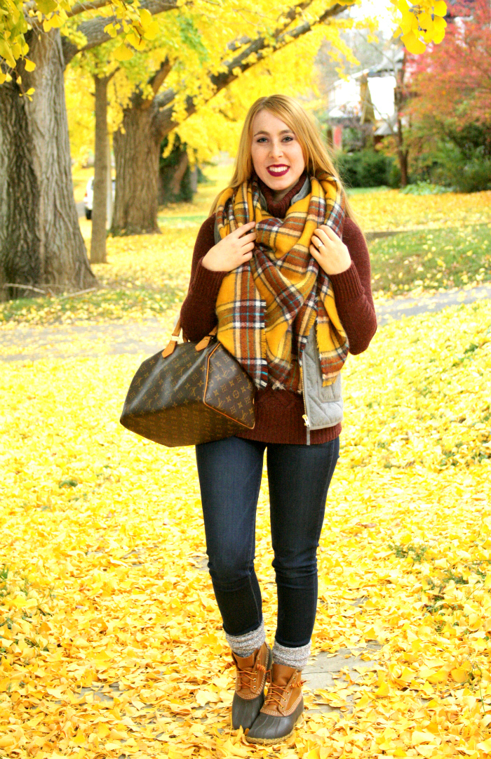 golden blanket scarf gray vest