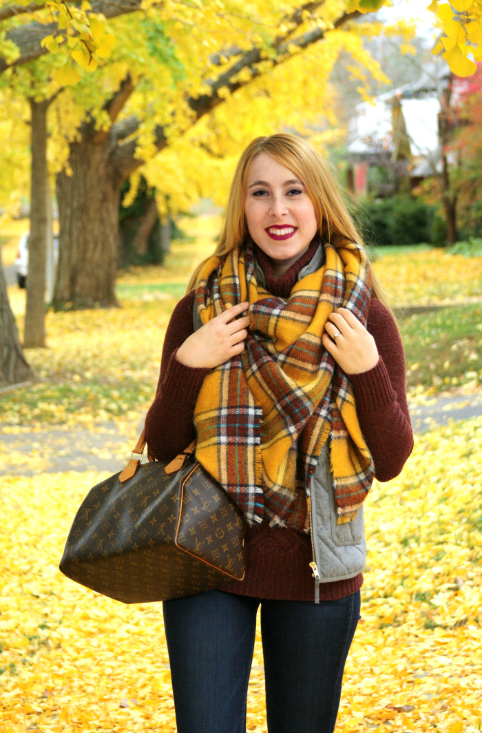 golden blanket scarf gray vest