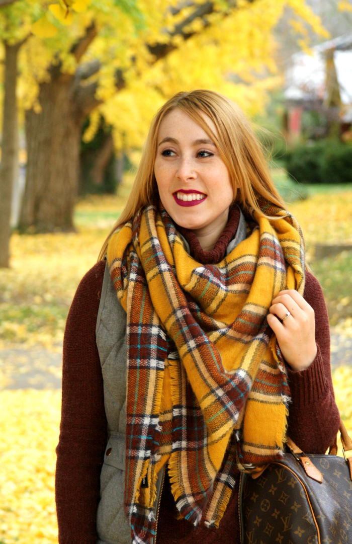 golden blanket scarf gray vest