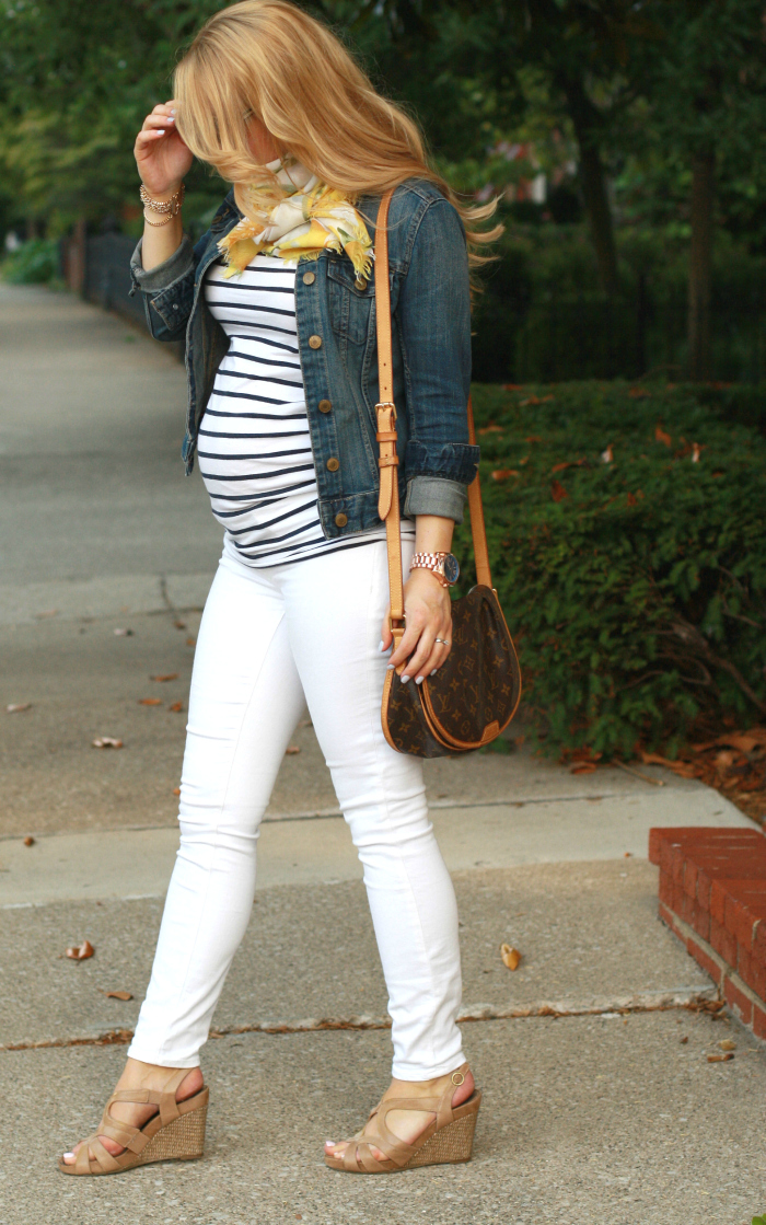 white denim maternity tee and denim jacket