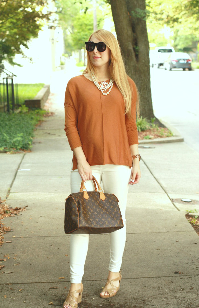 pre-fall neutrals in copper, white denim, & wedges