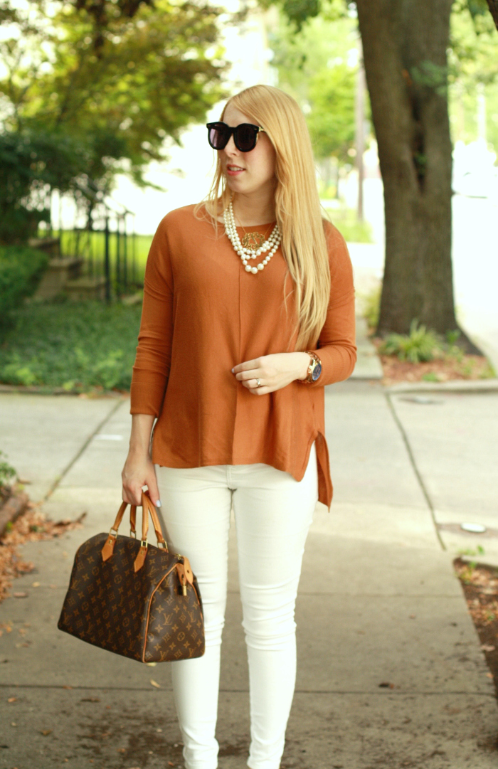 pre-fall neutrals in copper, white denim, & wedges