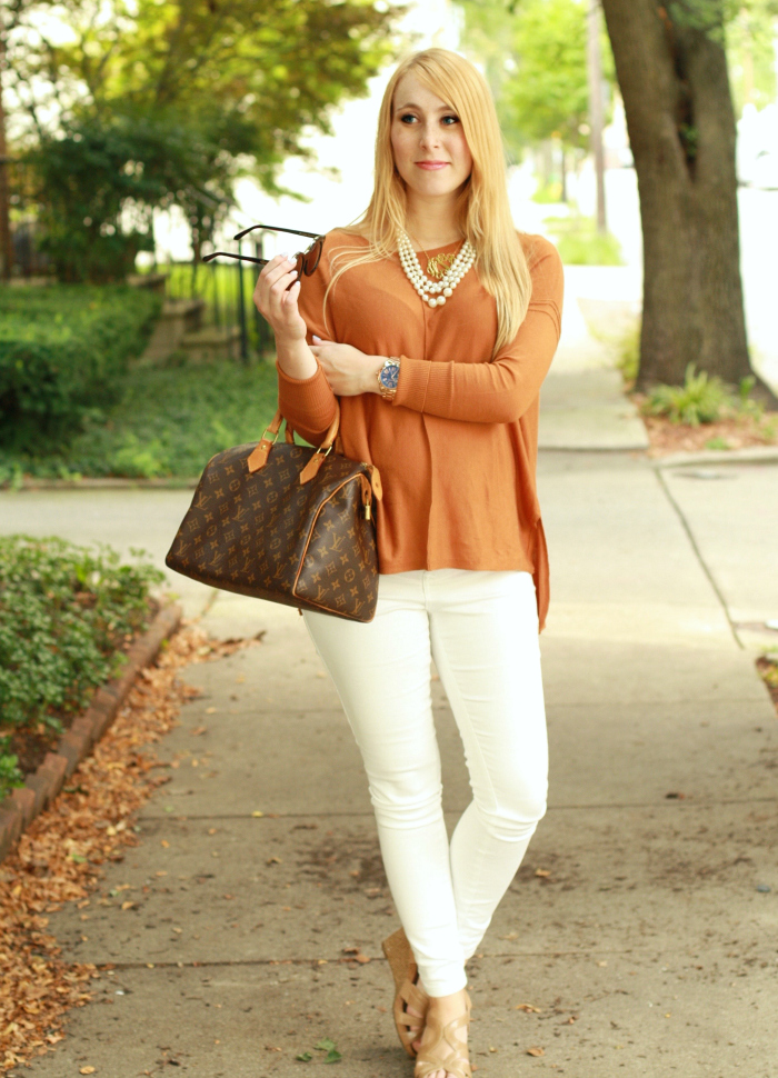 pre-fall neutrals in copper, white denim, & wedges