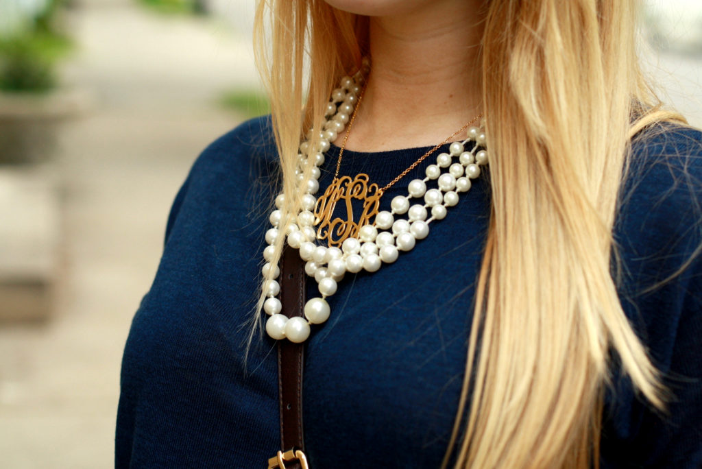 navy pullover monogram and pearls