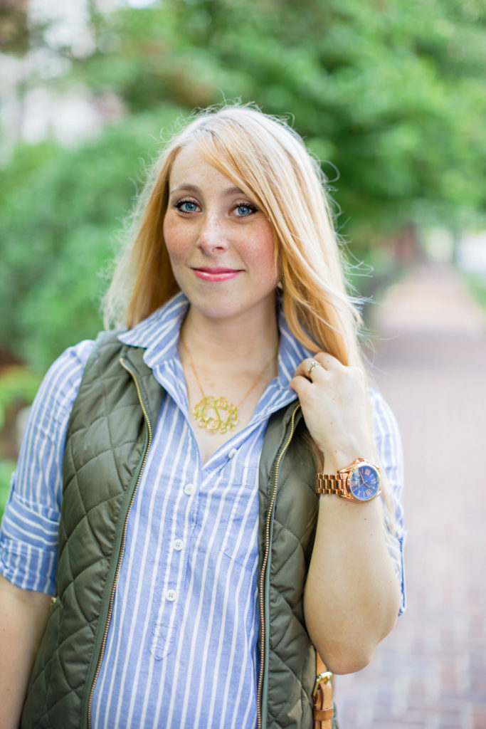 Olive Vest Button Down white Denim