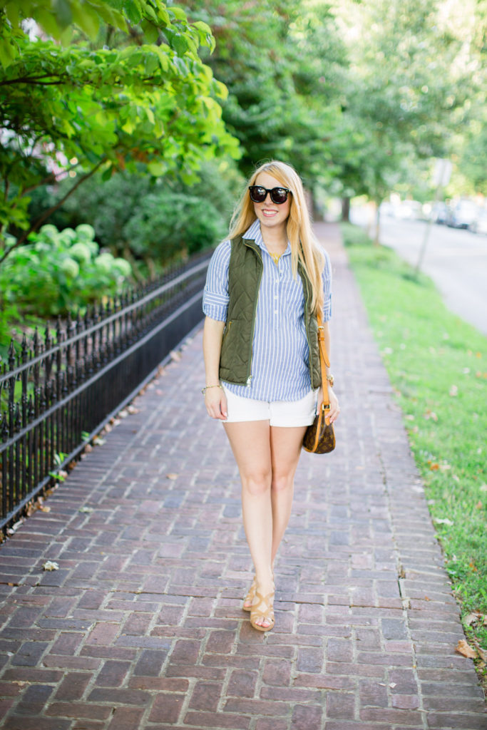 Olive Vest Button Down white Denim