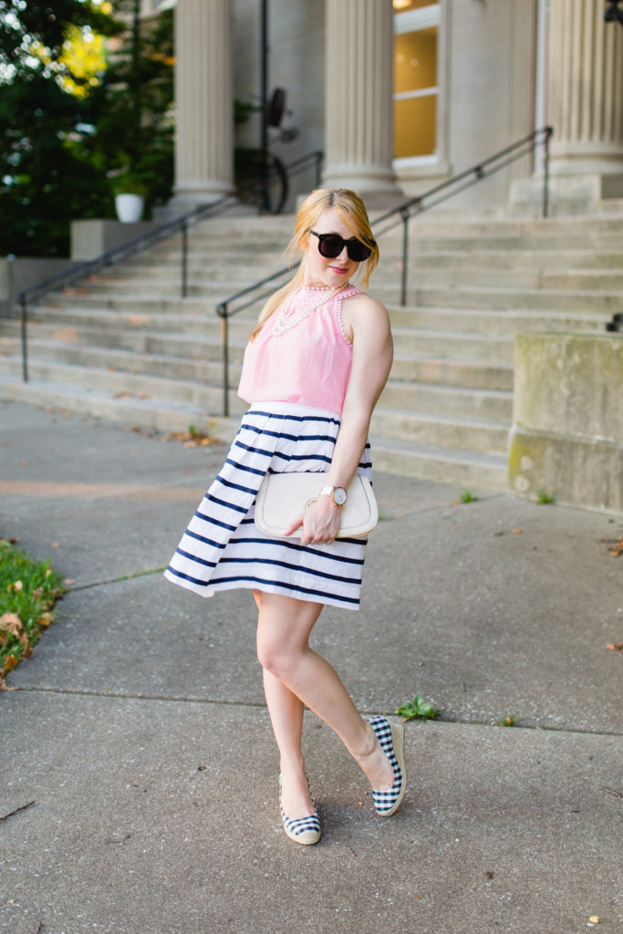 pink blouse striped nautical skirt