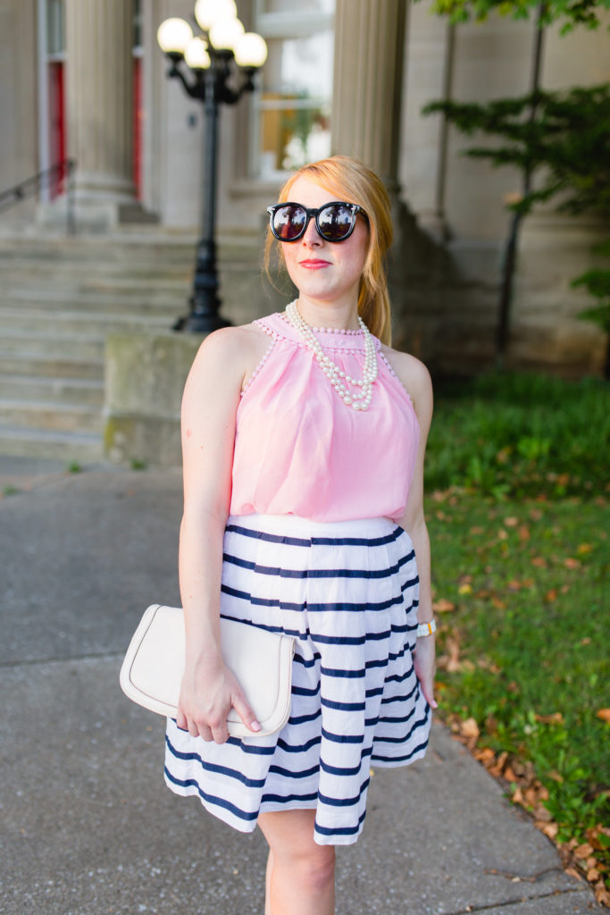 pink blouse striped nautical skirt