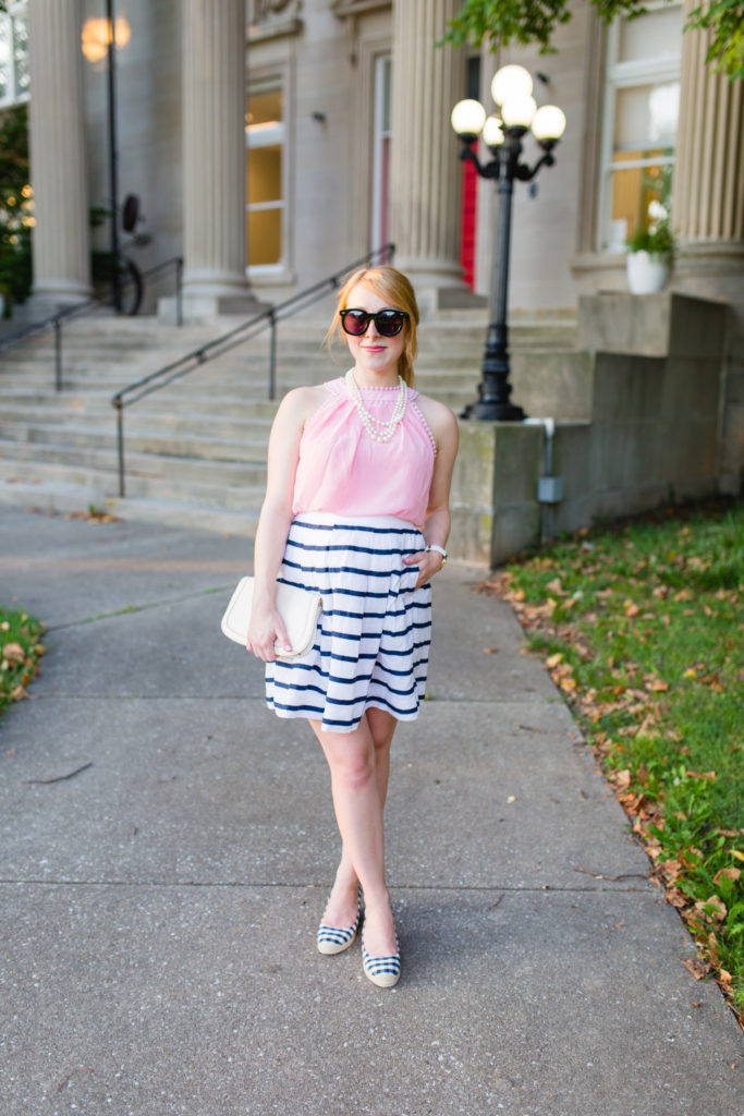 pink blouse striped nautical skirt