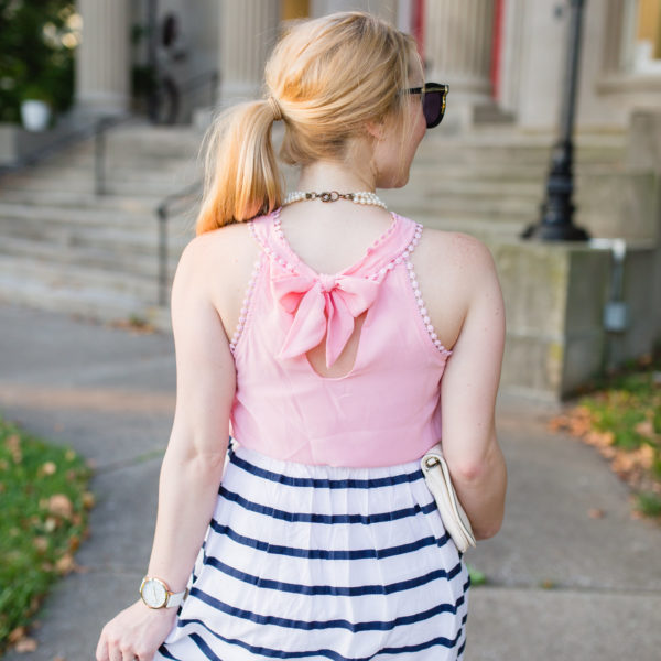 pink blouse striped nautical skirt