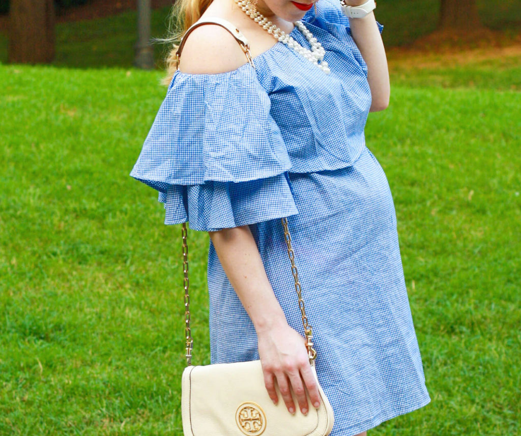 gingham ruffle off the shoulder dress shein maternity
