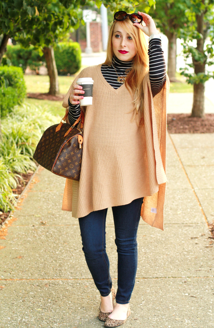 camel poncho neutrals striped turtleneck