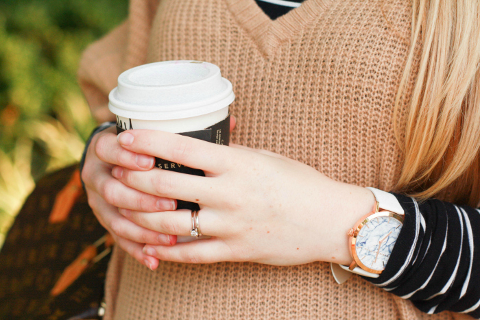 camel poncho neutrals striped turtleneck christian paul watch