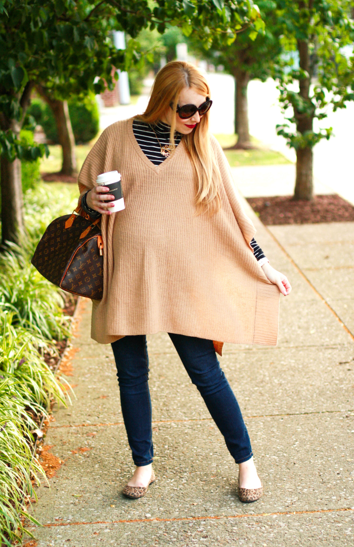 camel poncho neutrals striped turtleneck maternity