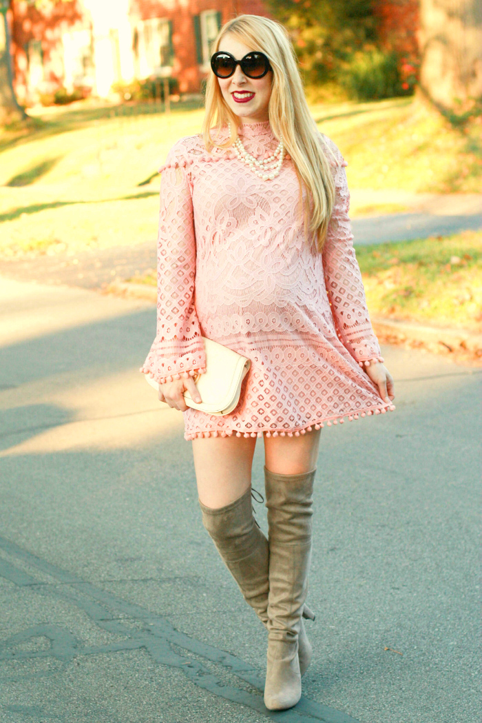 pink lace dress over the knee boots