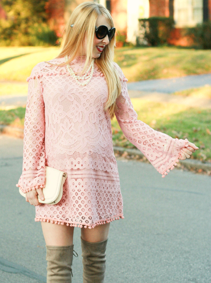 pink lace dress over the knee boots