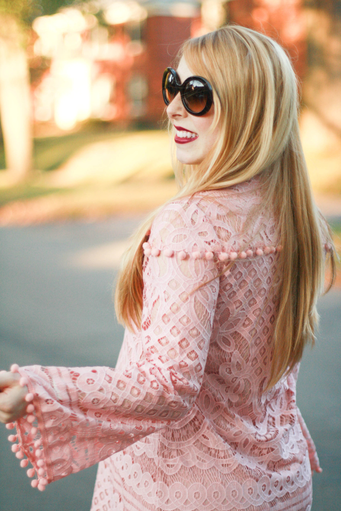 pink lace dress prada sunglasses
