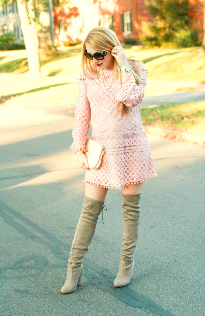 pink lace dress over the knee boots