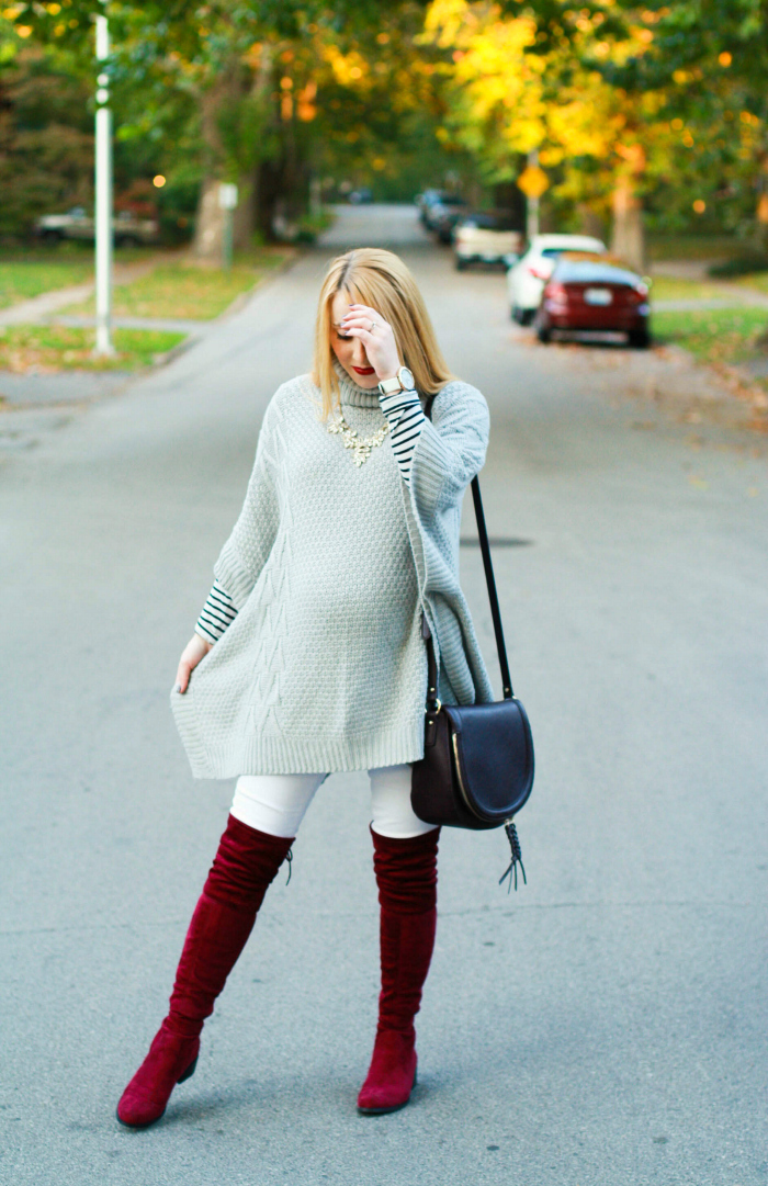 grey poncho burgundy otk boots over the knee white denim