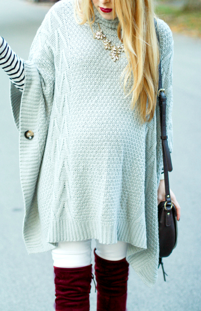 grey poncho burgundy otk boots over the knee white denim