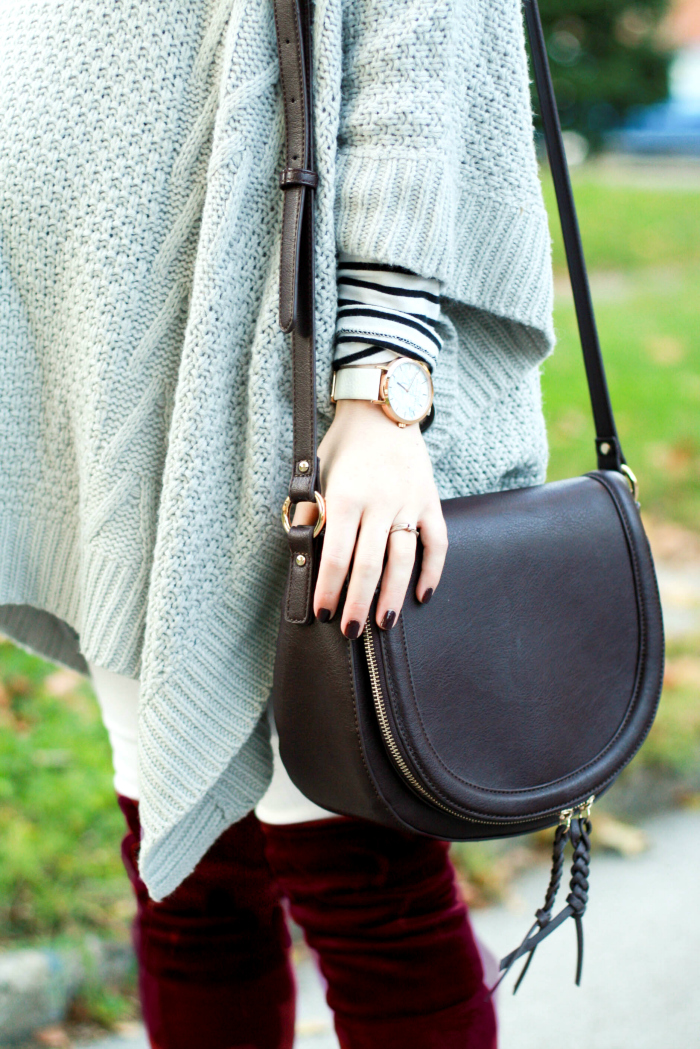 grey poncho white denim burgundy crossbody