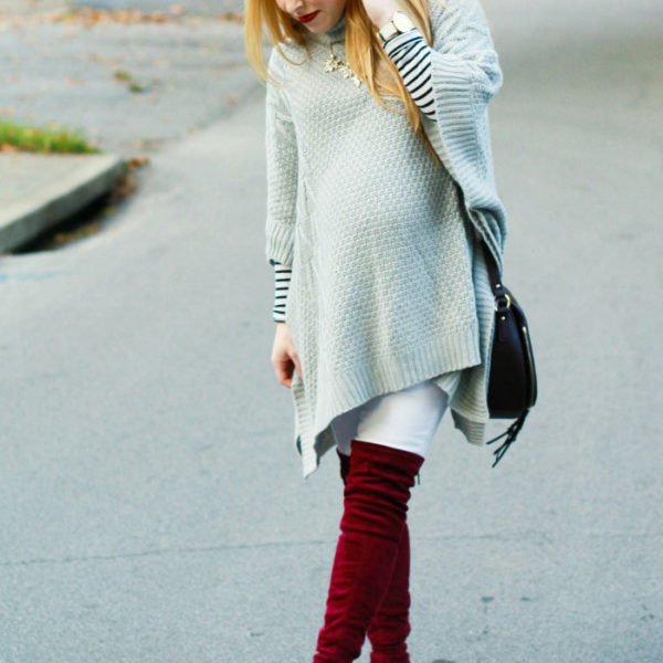 grey poncho burgundy otk boots over the knee white denim