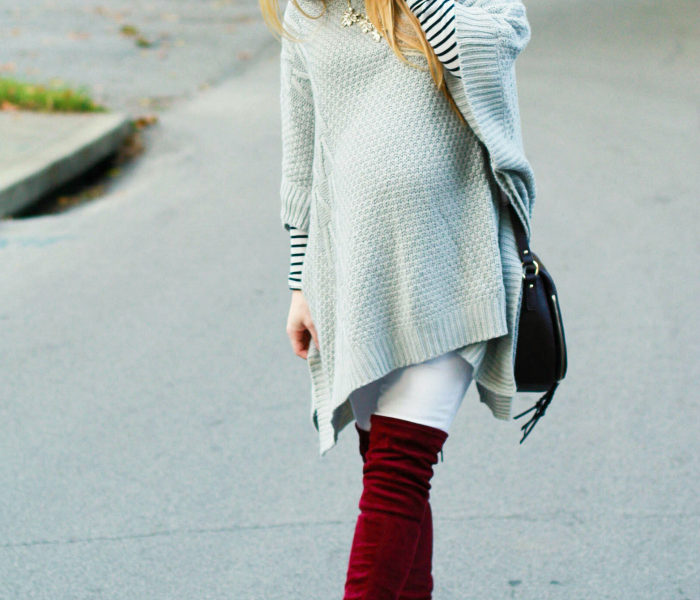 grey poncho burgundy otk boots over the knee white denim