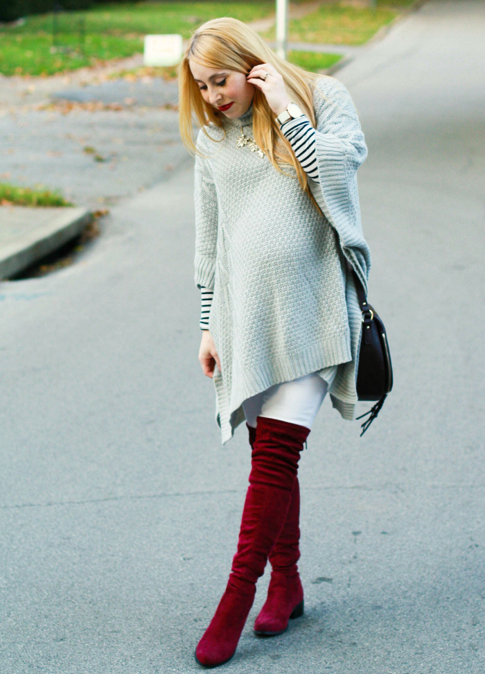 grey poncho burgundy otk boots over the knee white denim