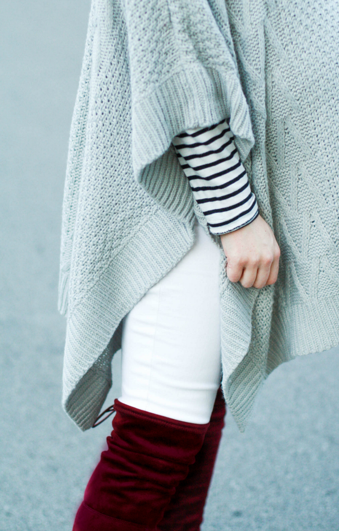 grey poncho burgundy otk boots over the knee white denim