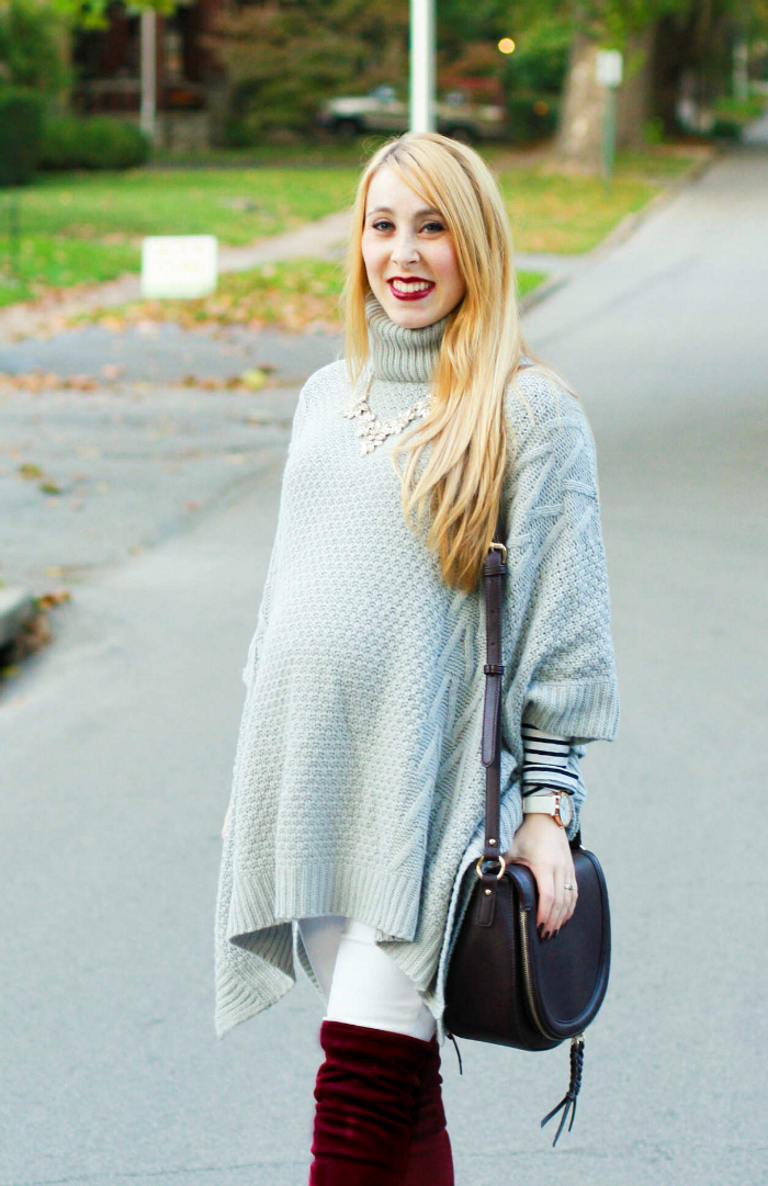 grey poncho burgundy otk boots over the knee white denim