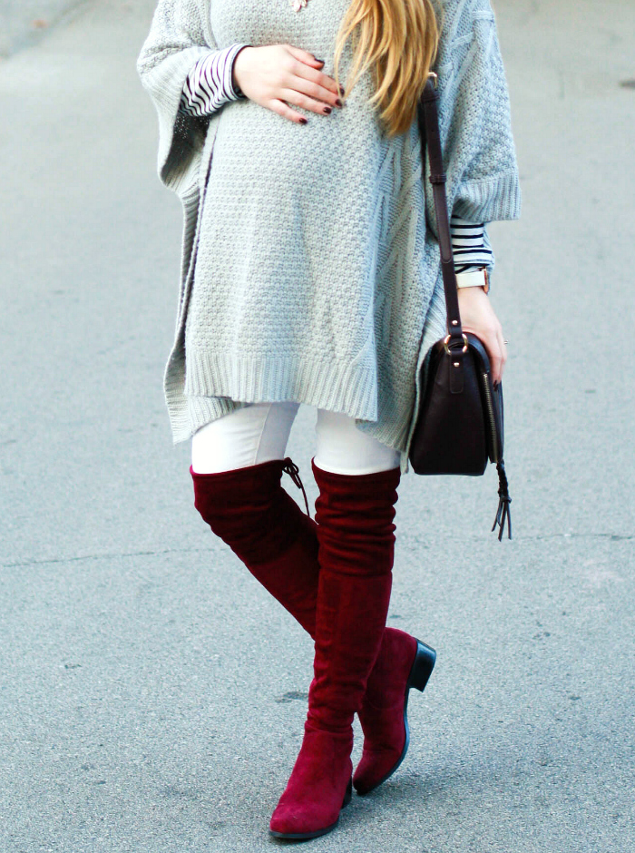 grey poncho burgundy otk boots over the knee white denim burgundy crossbody