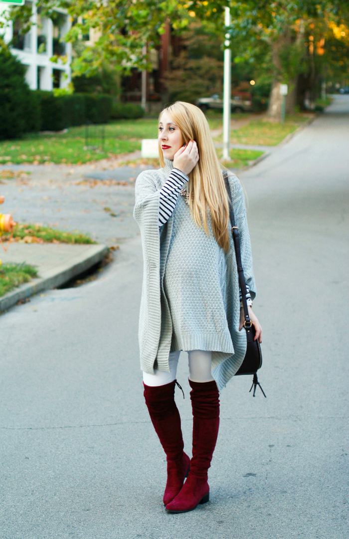 grey poncho burgundy otk boots over the knee white denim