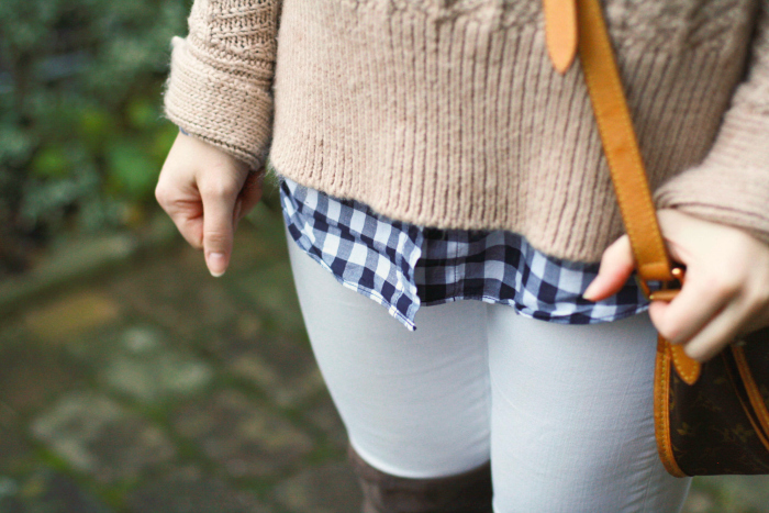 beige thick sweater gingham white denim over the knee boots otk