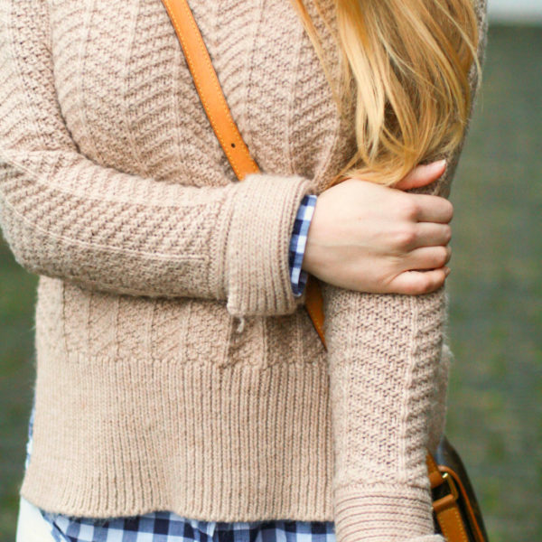 beige thick sweater gingham white denim over the knee boots winter