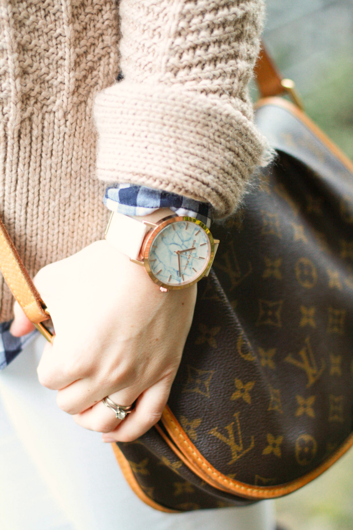 beige thick sweater gingham white denim christian paul watches