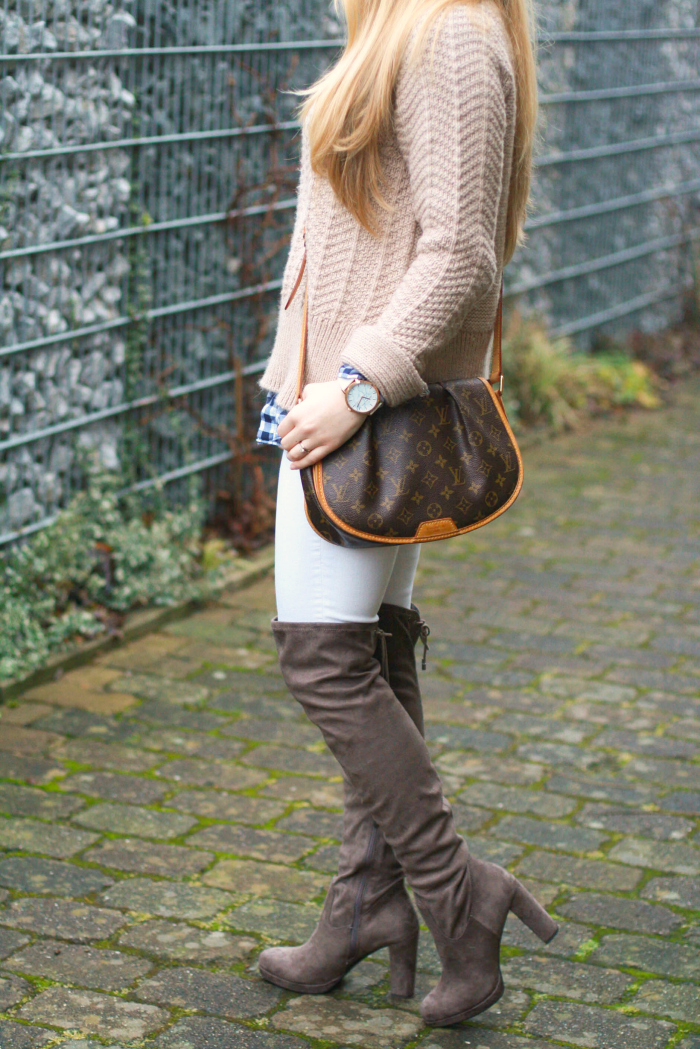 beige thick sweater gingham white denim over the knee boots winter